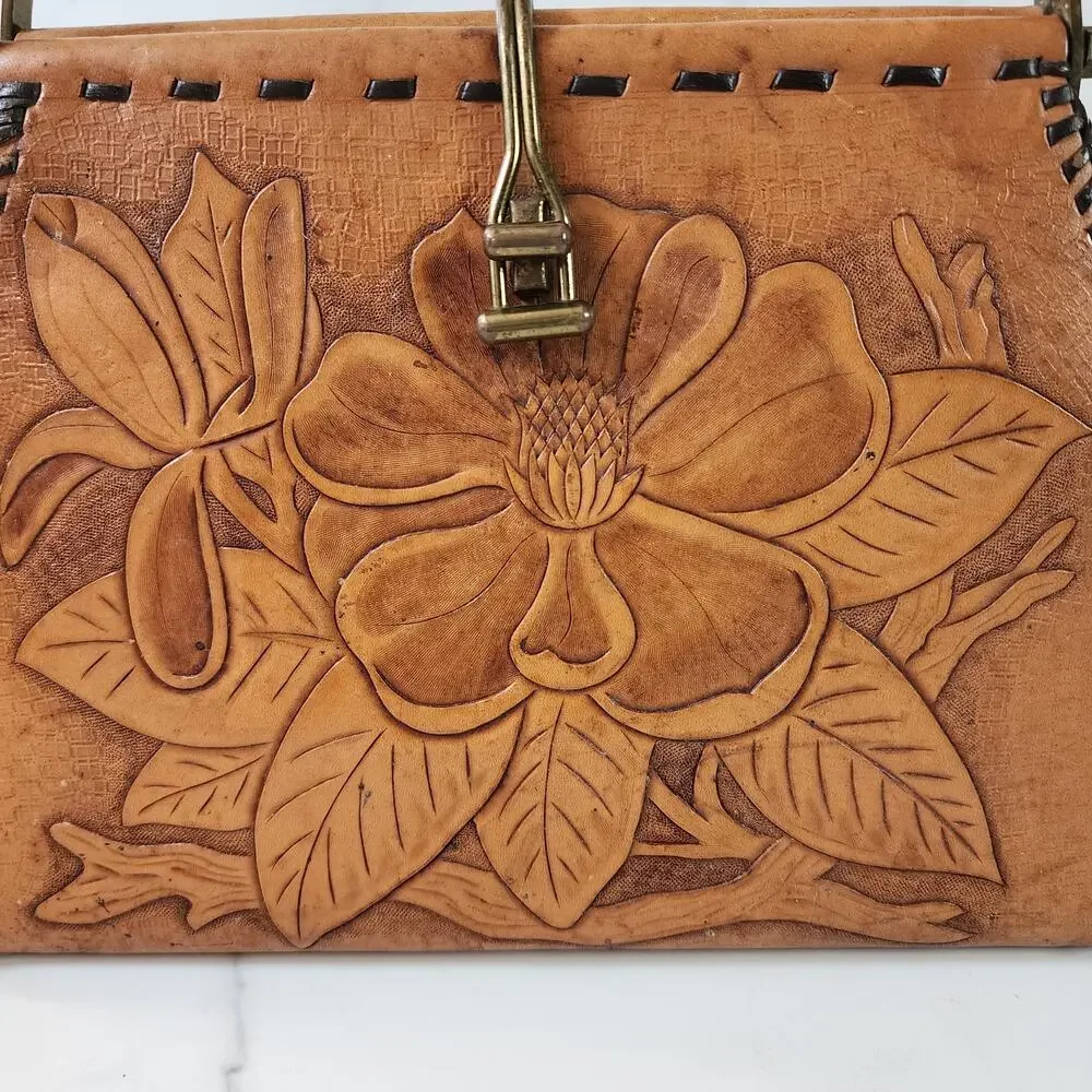 Vintage Tooled Leather Floral Handbag Artisan Western Purse